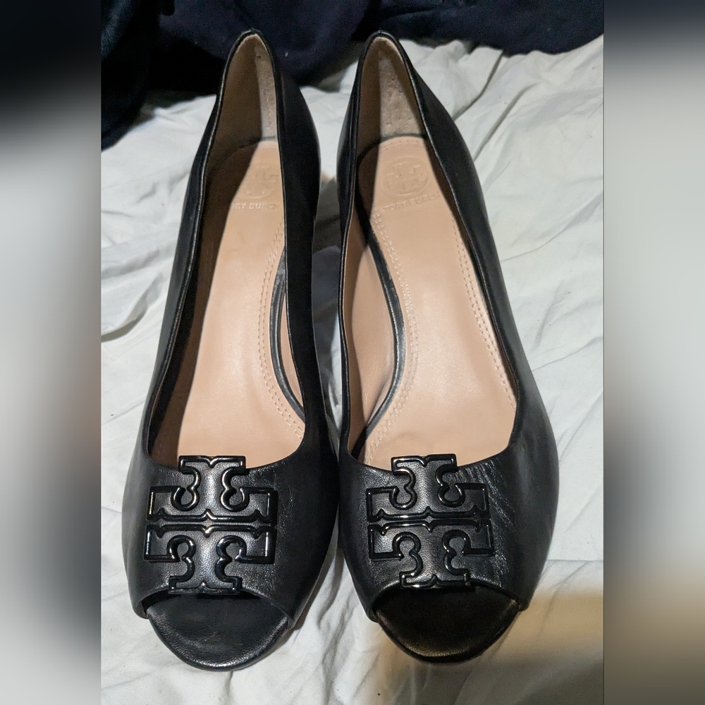 Tory Burch Black Peep-Toe Women's Wedges 9.5M Stacked Wood Heels